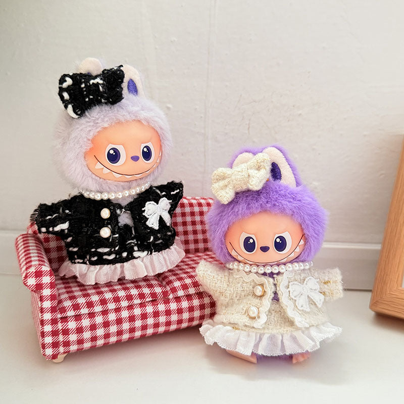 Handmade Black Monochrome Tweed Bow Outfit fit Labubu 4.0