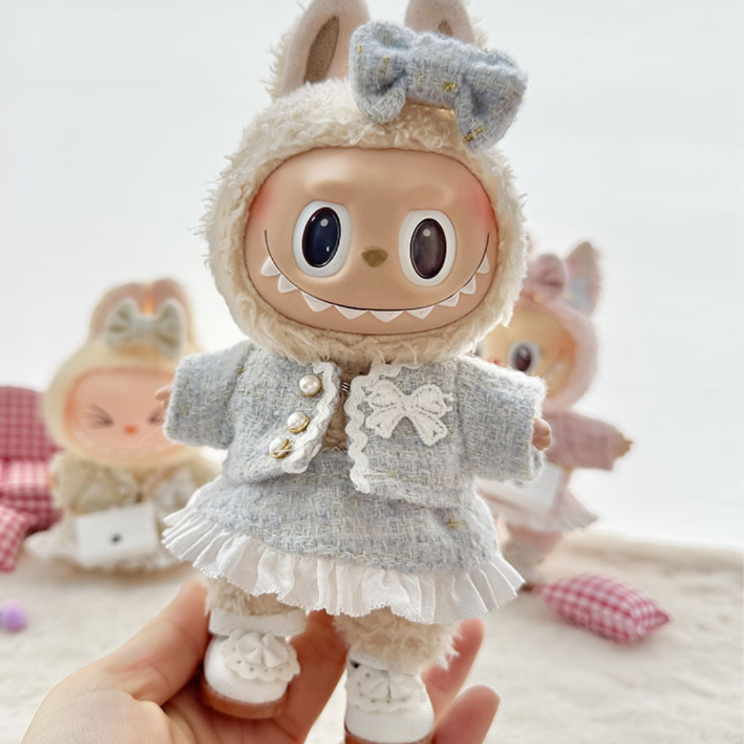 Handmade Elegant Light blue Tweed Outfit fit Labubu Dolls