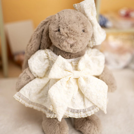 Handmade Luxury-Inspired White Lace Dress with Bow fits Jellycat rabbit-sized plush